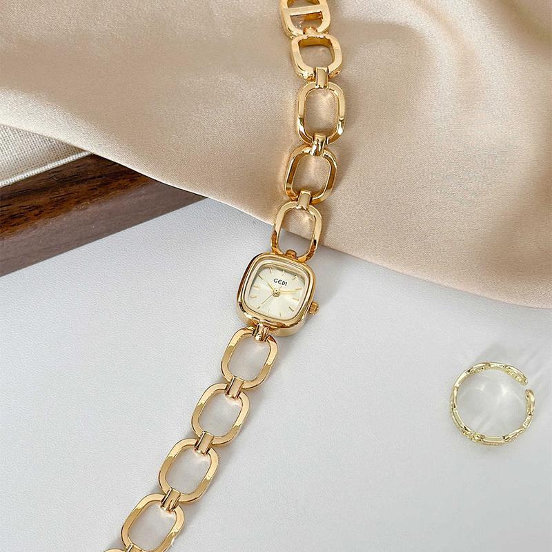 GEDI Light Luxury Fashionable Watches For Woman Gold Square Dial Hollowed Out Bracelet Women's Quartz Wristwatches Clock Gifts