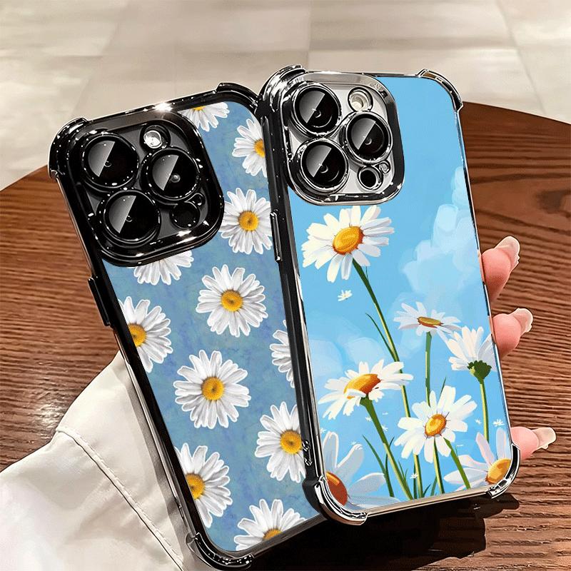 Daisy Flowers Aesthetics Plating Phone Case For Iphone 16 17 Pro Max Air 16E 14 15 Plus 12 13 Mini Anti-Fall Airabag Cover