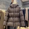 Women's Korean Style Slimming Puffy Jacket with Hood, Waist-Cinching Drawstring, Thickened, Elegant Bread-like Design, Trendy for Winter 2025.