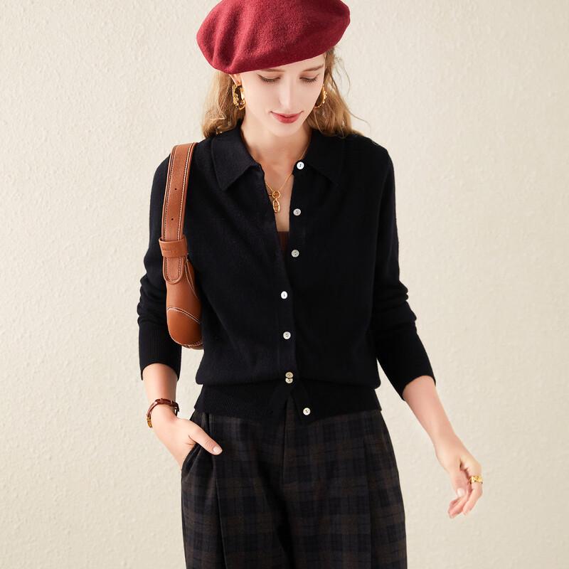 TUHUANG Women's Pure Wool Shirt Collar Cardigan