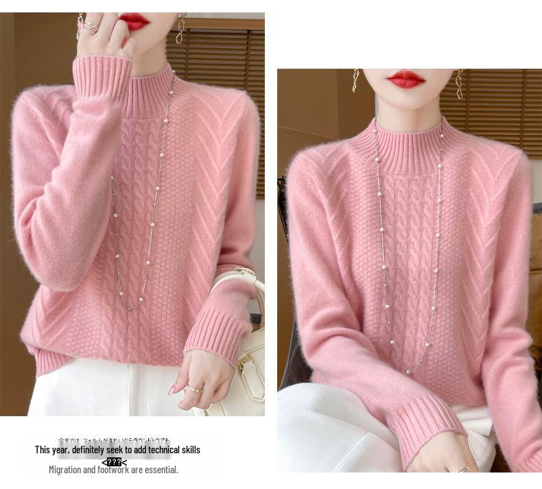 Women's Age-Reducing Loose Pure Wool Sweater, Half-High Collar, Thickened Knit Top for Autumn/Winter.