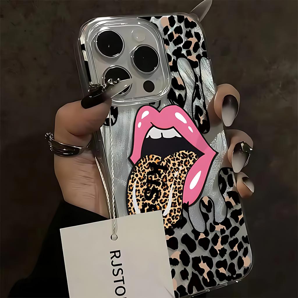 Large Tongue Leopard Print Phone Case for iPhone 17 16e 16 15 14 13 12 11 Pro Max X Xs XR 8 7 6s Air Plus Feather Texture Cover