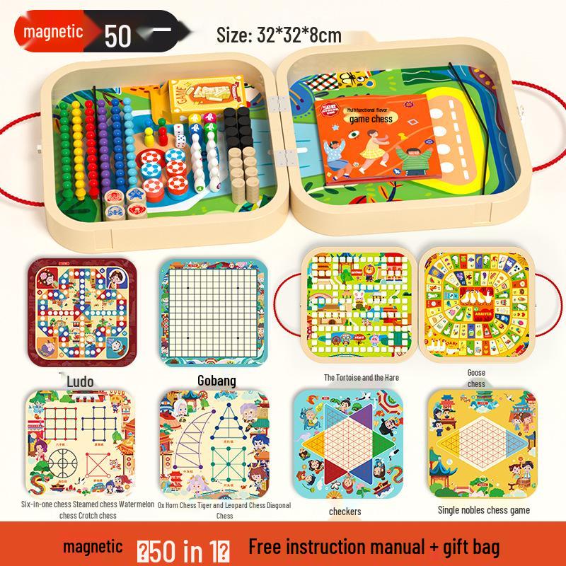 Multifunctional Wooden 7-in-1 Educational Game: Flying Chess & Checkers Set for Kids