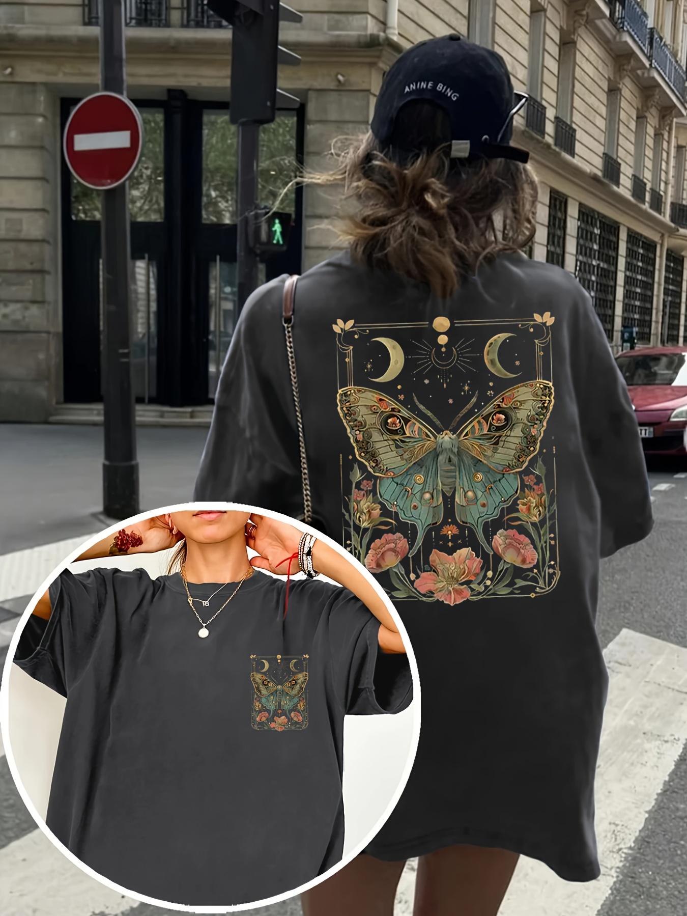 

Womens Plus Size Butterfly Moon Flower Print Tshirt Cotton Breathable Fashionable and Versatile Unisex Streetwear Oversized XL