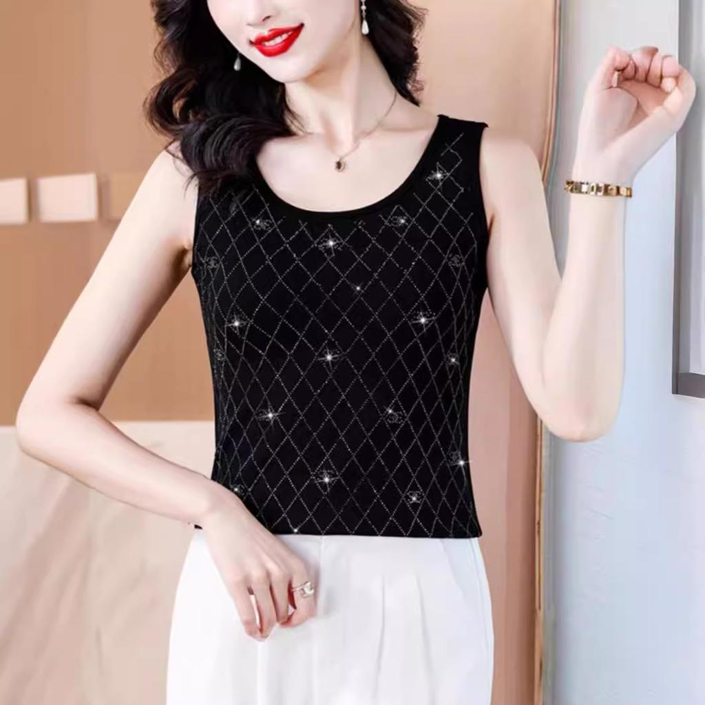 Temperament Diamond-encrusted Black High-elastic Sling Vest for Women's Inner Wear 2025 New Suit Backing Sleeveless Outer Wear Top Summer