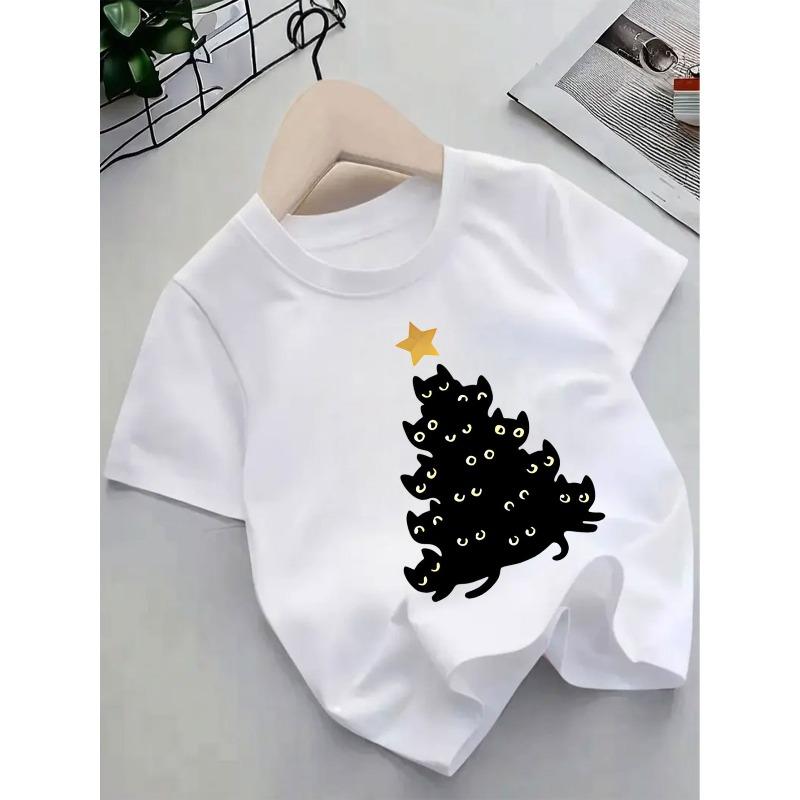 European sizes New Spring And Summer Round Neck T-Shirt for Children Featuring a Christmas Cat Pattern, Casual Korean Style,