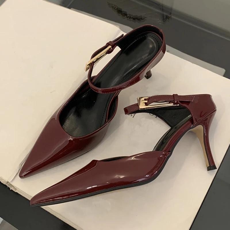 Fashion Elegant Patent Leather Buckle Strap Woman Pumps Sexy Pointed Toe Thin High Heels Fashion Slide Sandals Party Wedding Slippers