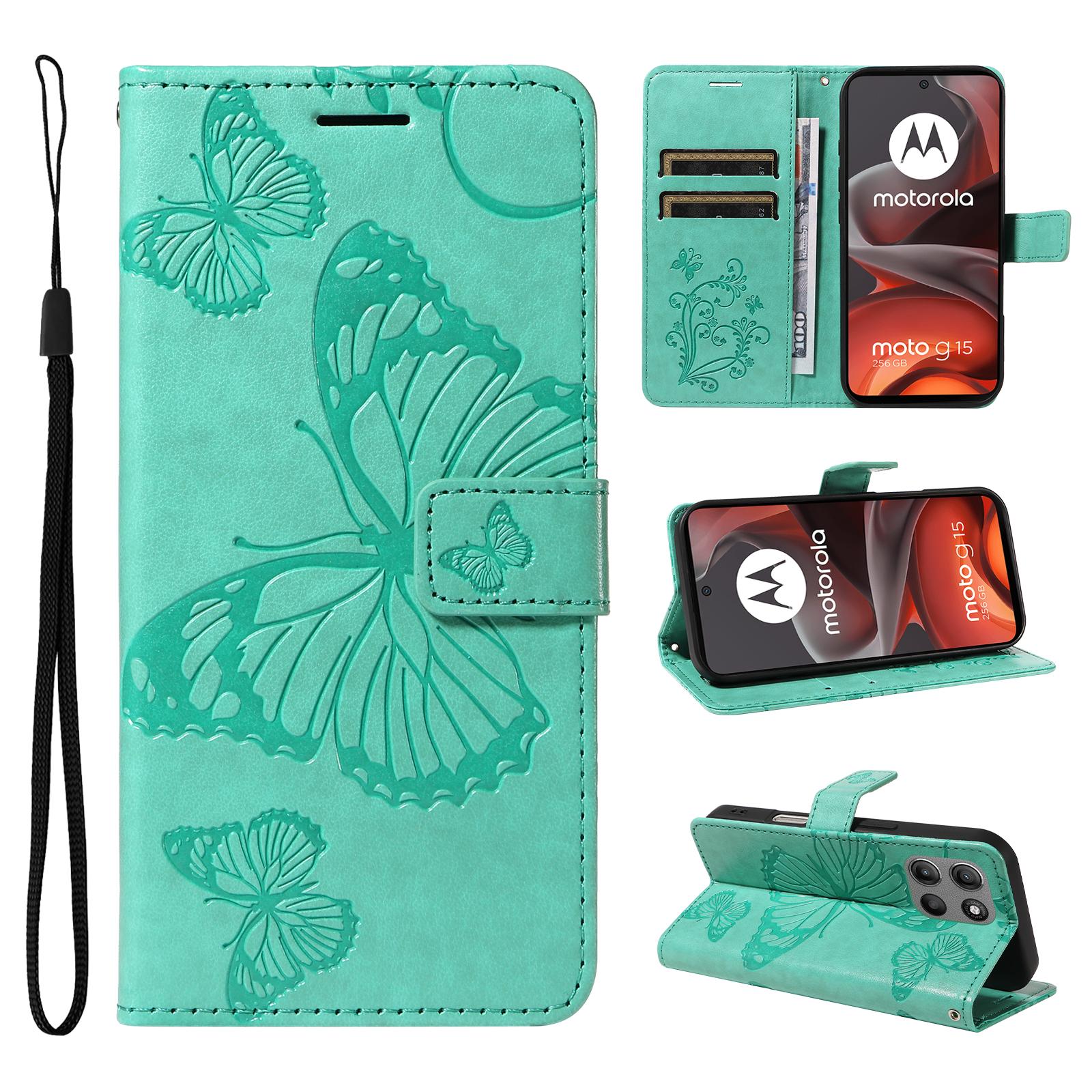 

For Motorola Moto G15 4G Wallet Case Floral Butterfly Imprinted Leather Phone Cover Stand Green