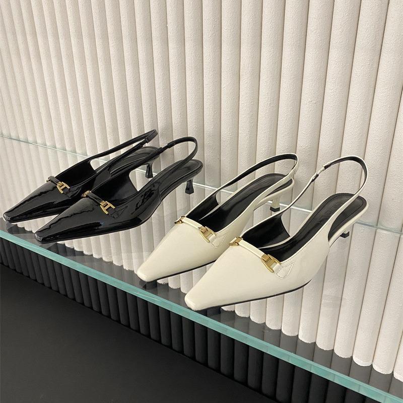 Spring 2025 new thin pointed head thin heel bag head sandals metal buckle patent leather high heel shallow mouth women's shoes