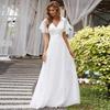Damen V-Ausschnitt Kurzarm Glockenärmel A-Linie Maxikleid Weiß
