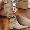 Cowhide Version Pointed Thick Heel Pleated Pile Boots But Knee High Boots Western Cowboy Boots Long Boots Knight Boots Children