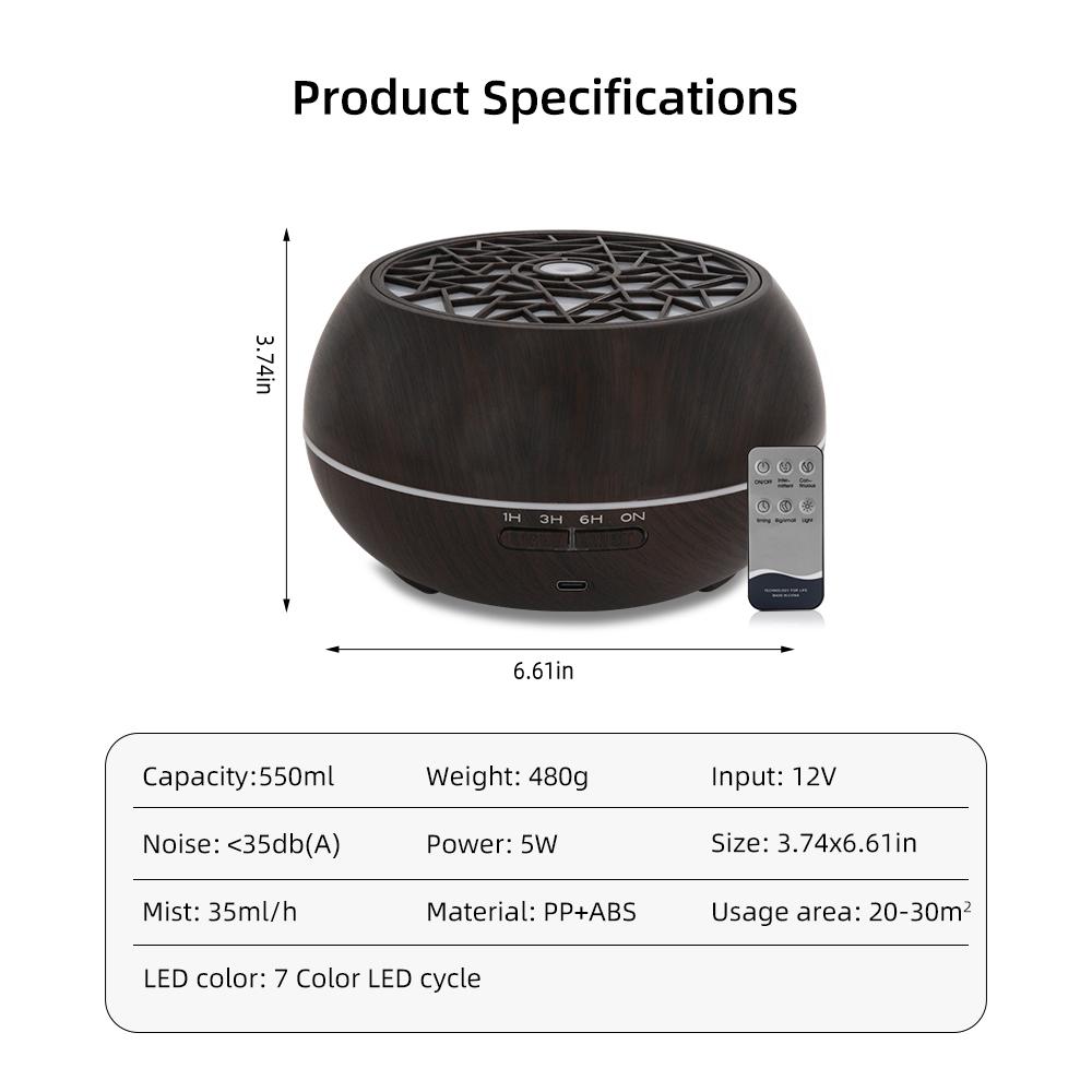 

550ml Large Room Essential Oil Diffuser with 6 Premium Oils Remote Control 7 Color LED Light, Auto Timer Perfect for Home, Offi Dark wood
