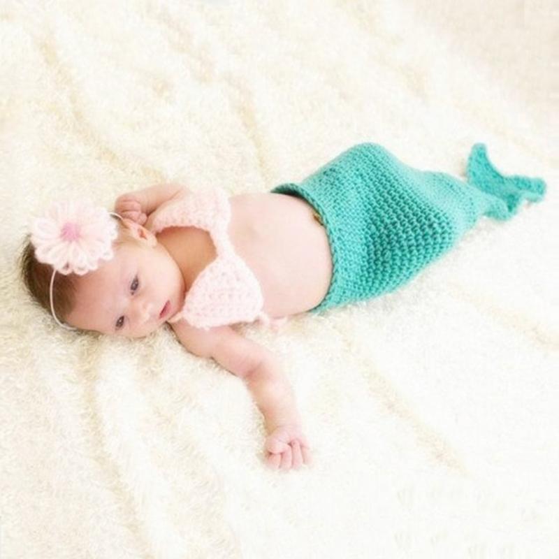 Soft Knitting Baby Sea-maiden Costume Chest Flower Headwear for Capturing Beautiful Moment In Newborns Photography