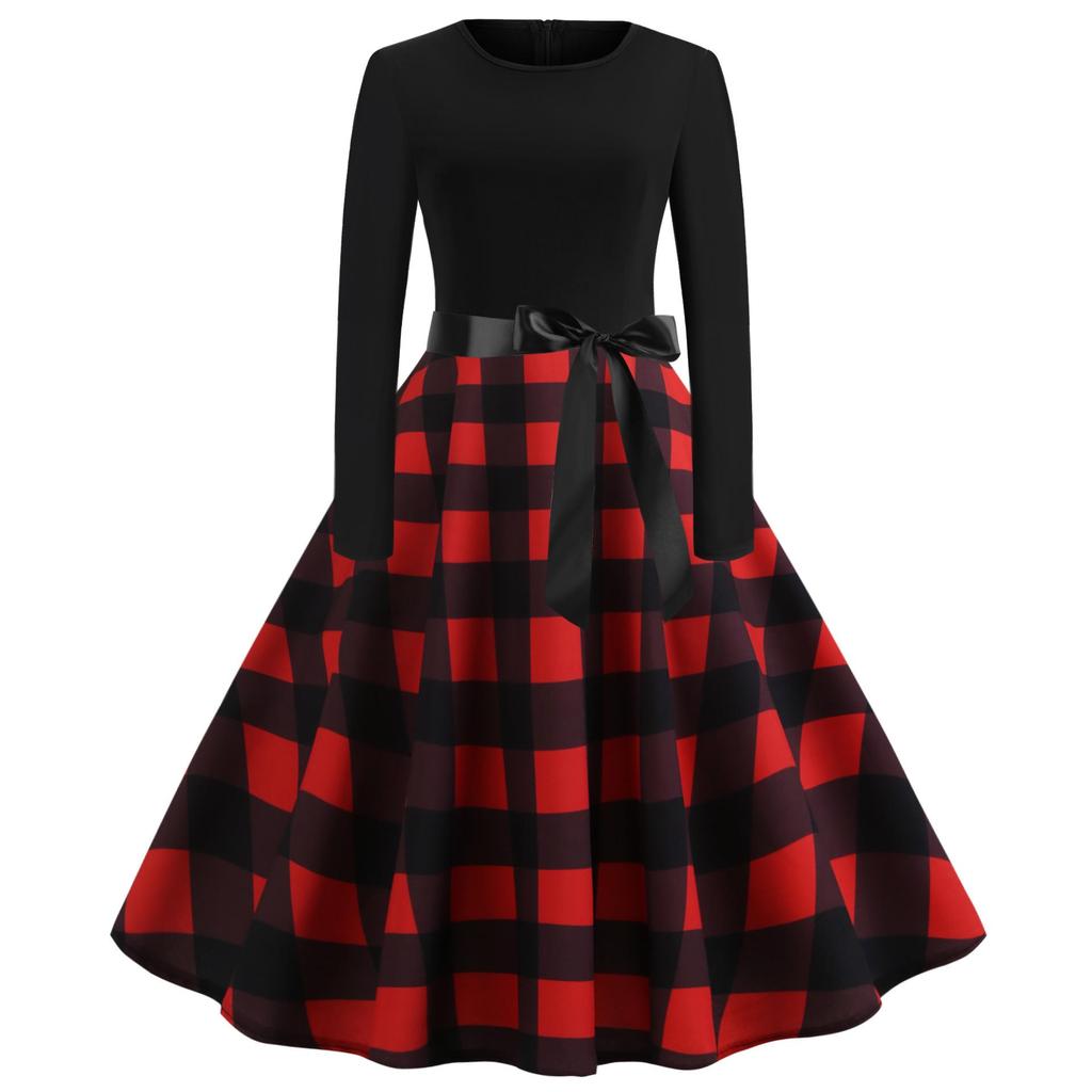 Retro šaty s kulatým výstřihem a dlouhým rukávem s digitálním potiskem