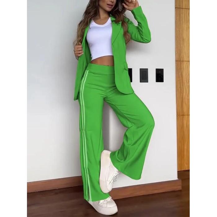 Women's set autumn and winter casual long-sleeved lapel striped blazer and straight pants two-piece set