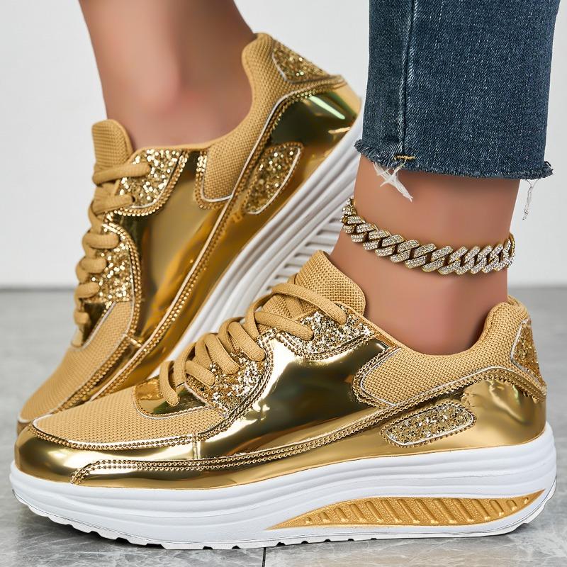 Women's Gold Patent Leather Sneakers Luxurious Casual Breathable Comfortable Running Shoes