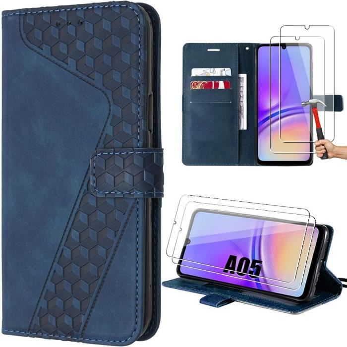 Coque de protection - BOOLING - pour Samsung Galaxy A05 - Synthécuir Bleu Marine - Porte-Cartes - 2 Verres Trempés