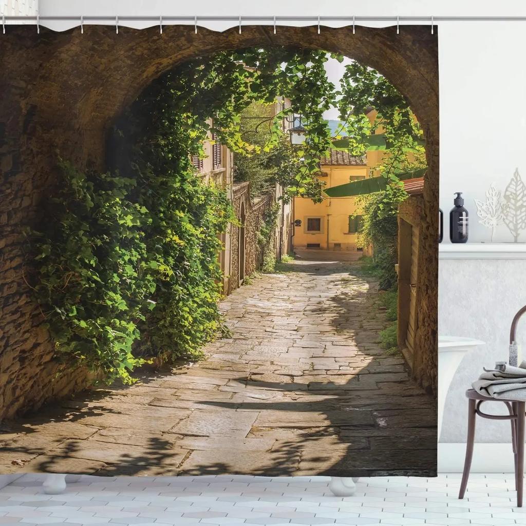 Street Building Scenery Shower Curtain Flower Plant Retro Old Door Summer Rural Landscape Bathroom Curtain Background Wall Dec