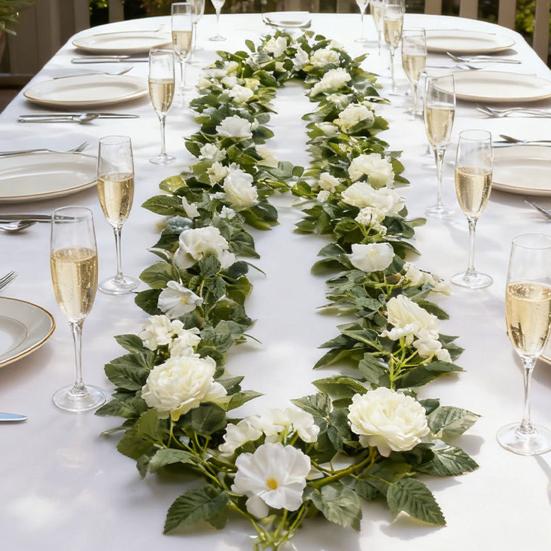 Guirlande de Fleurs de Rose Artificielles Résistante aux UV Vigne de Fleurs Artificielles Réalistes avec Feuilles Vertes Décoration en Rotin de Fleurs Simulées Suspendue pour Fête de Mariage