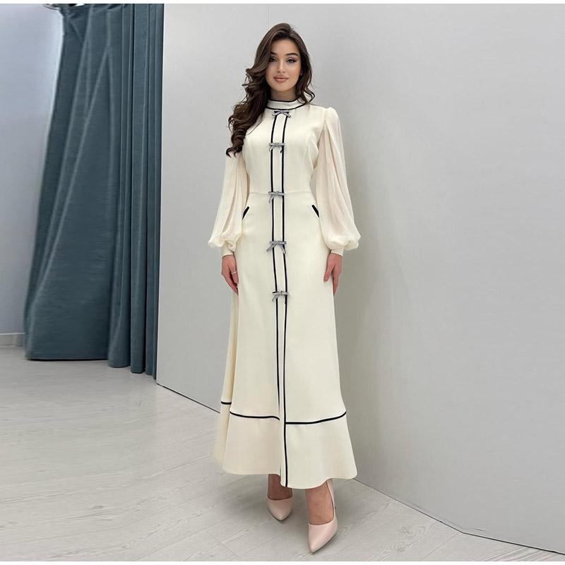 Ladies' Contrasting Round Neck Bow Decoration Long Dress with Slim Fit Temperament Spring and Summer New Women's Elegantlong Sleeved Dresses