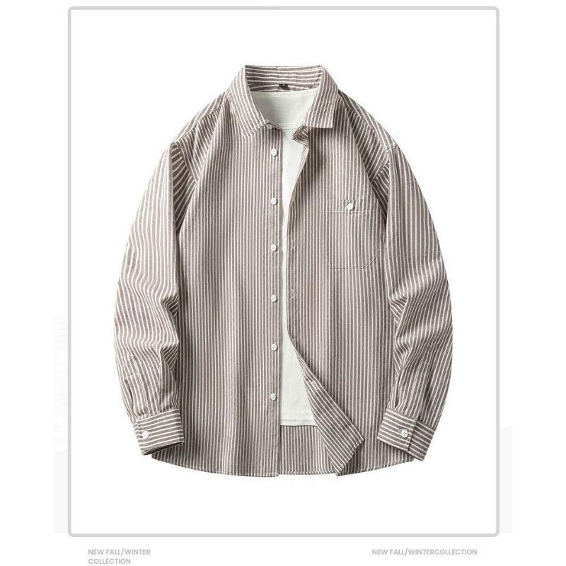 

Retro Autumn Coat Trendy Striped Loose Japanese Long-sleeved Shirt Men s Casual Shirt L серый