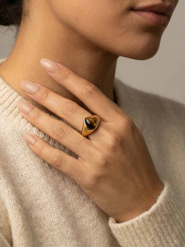 18K Gold Plated Stainless Steel Natural Stone Ring Tiger Eye Green Aventurine Band Waterproof Healing Crystal Energy Jewelry