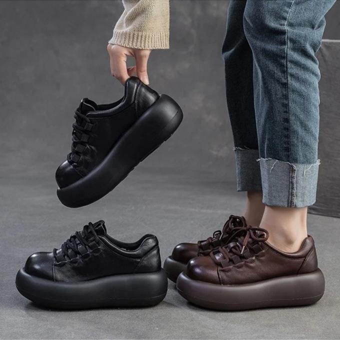 Johnature Versatile British Style Thick Soled Shoes Genuine Leather Retro Round Toe Lace Up Women's Shoes