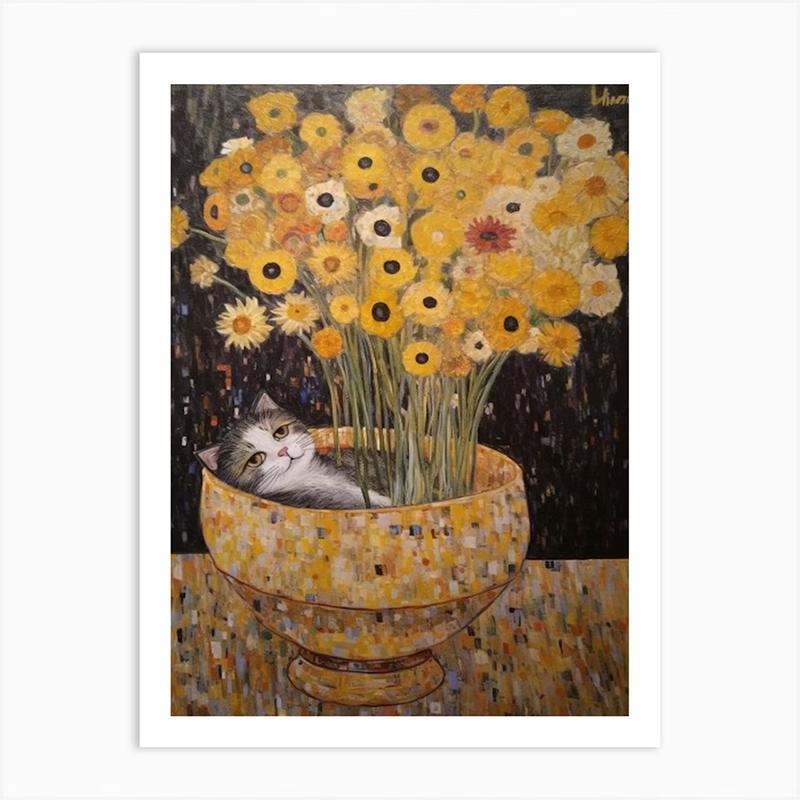 Vintage Bouquet Flower Lotus Lilies With A Cat Art Nouveau Klimt Style Art Print Poster Canvas Painting Wall Picture Room Decor