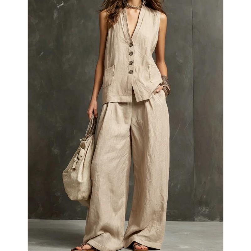 2026 Womens Linen Blend Sleeveless Vest Wide Leg Pants Set Casual Outfit In Solid Colors