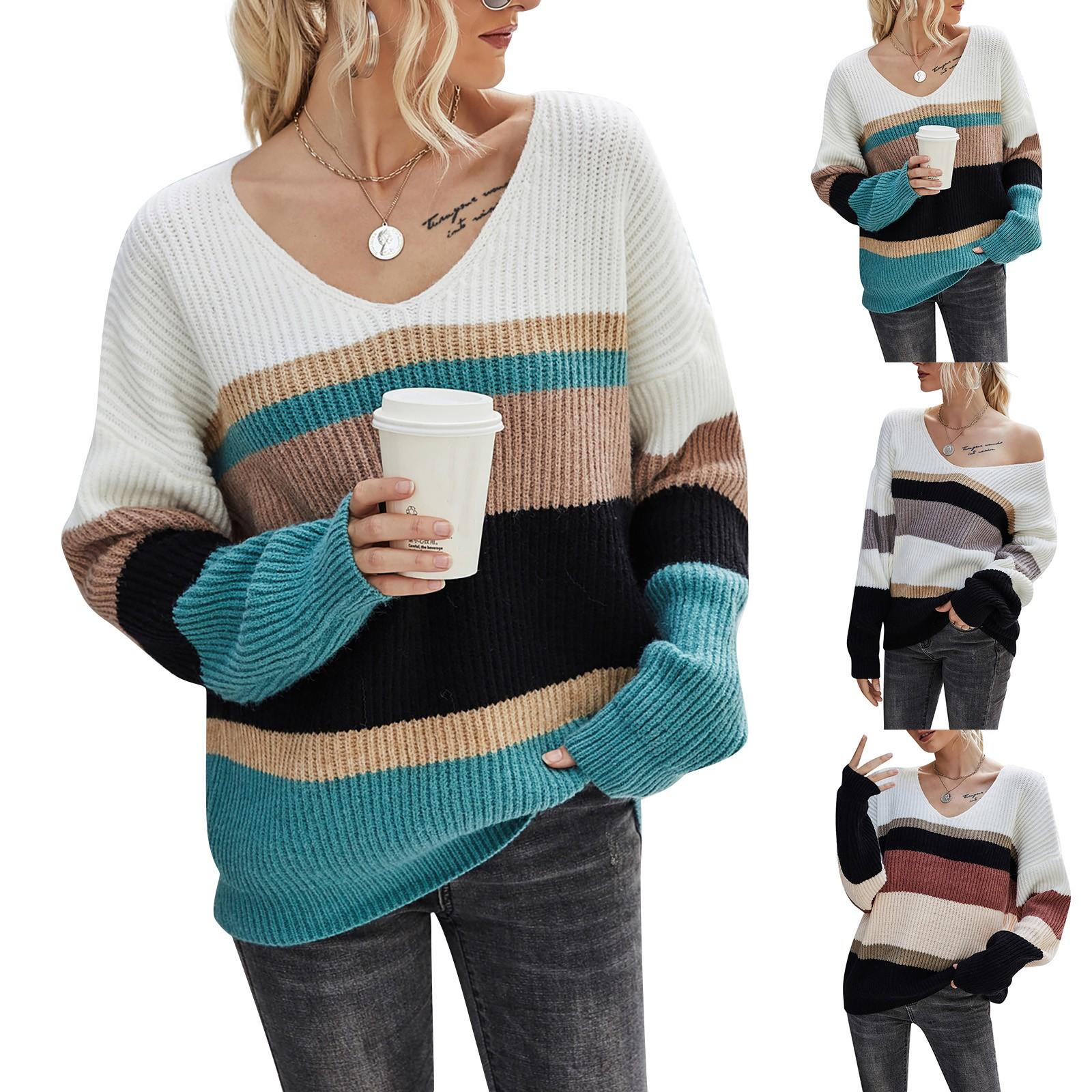 

Женский осенне-зимний пуловер в полоску в стиле пэчворк с v-образным вырезом и трикотажным джемпером больших размеров