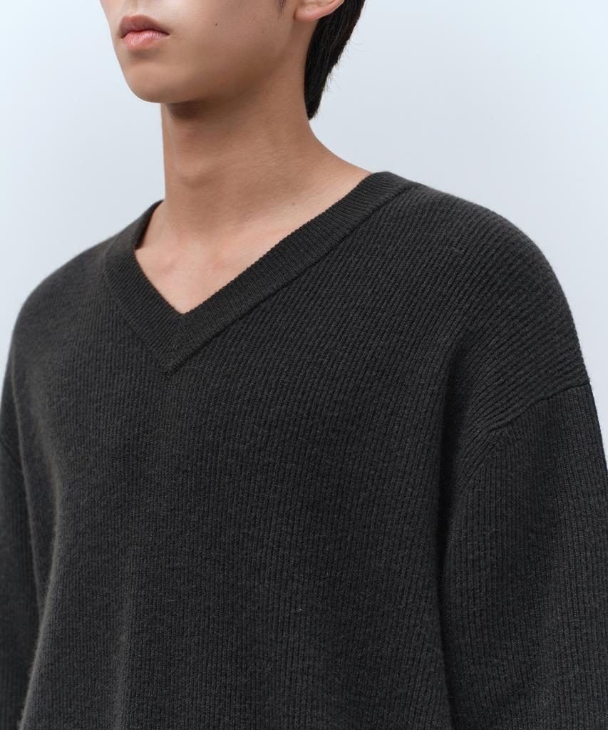 MUSINSA STANDARD [Victoria Wool] Minimal Ribbed V-Neck Knit [Dark Gray]