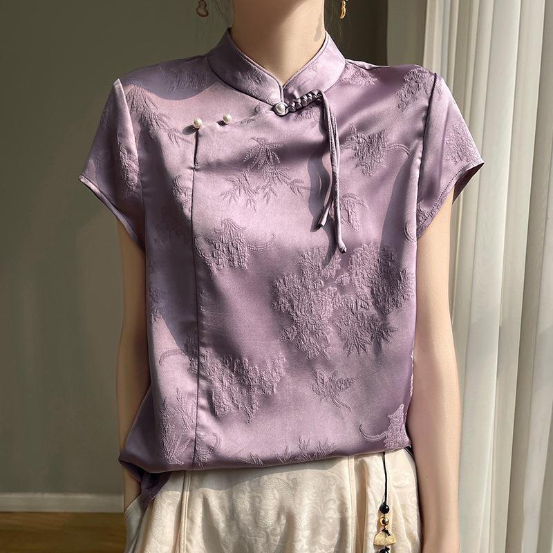 

Chinese Style New Chinese Style Shirt Women s Summer New Acetate Jacquard Stand Collar Short-sleeved Daily Commuter Top XXL фіолетовий