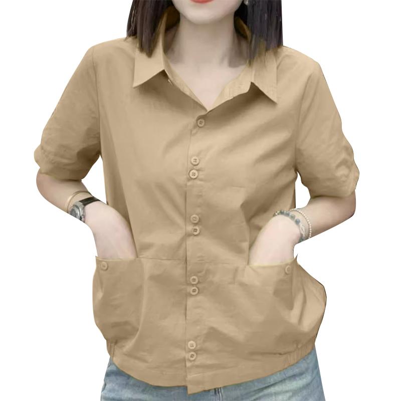 

ZANZEA Женская повседневная однотонная блузка с отложным воротником и коротким рукавом L хаки