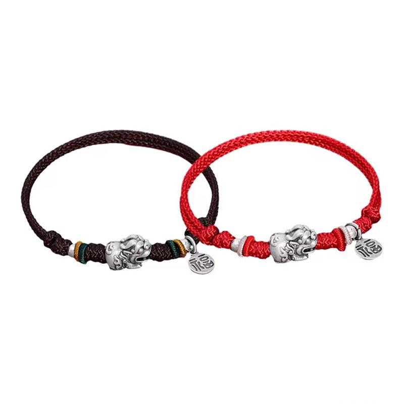 Chinese Style S925 Silver Pixiu Hand-Woven Bracelet for Couples - Fu Brand Women's National Style Qixi Gift Rope