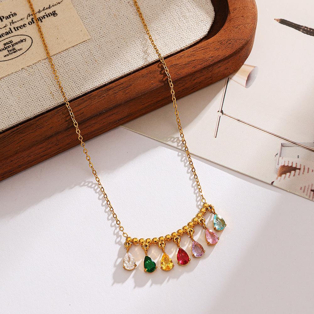 18K Gold Titanium Stainless Steel Zircon Necklace with Colorful Diamond Tassel Pendant - Waterproof