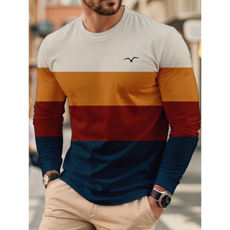 3D Color Block & Geometric Pattern Printed Short Sleeved Men's T-shirts - Soft Medium Stretch Polyester Fabric Spring and Autumn Relaxed Fit Clothing