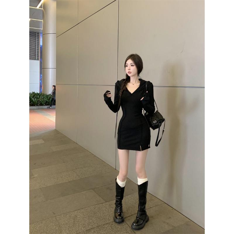 Frühling Herbst Einfarbig Sexy Mode Slim Bodycon Mini Sweatshirt Kleid Damen Langarm Kapuze Schlitz Robe Vestidos