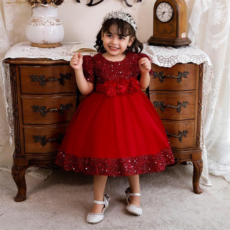 Kids Sequin Birthday Dress Summer Wedding Flower Girls Dress Toddler Baptism 1st Birthday Dress Baby Girl Clothes Princess Wedding Party Kids Costume