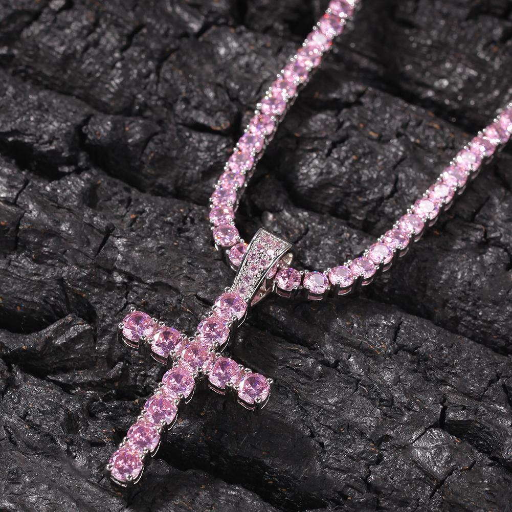 THE BLING KING Mode 4mm Rosa CZ Tennis Kette Mit Kreuz Anhänger Halskette Voll Eiskristall Zirkonia Damen Hiphop Schmuck Geschenk