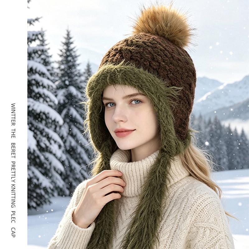 Fluffy Knit Trapper Hat Women Winter Warm Ear Flap Beanie with Pom Pom Soft Furry Ski Cap