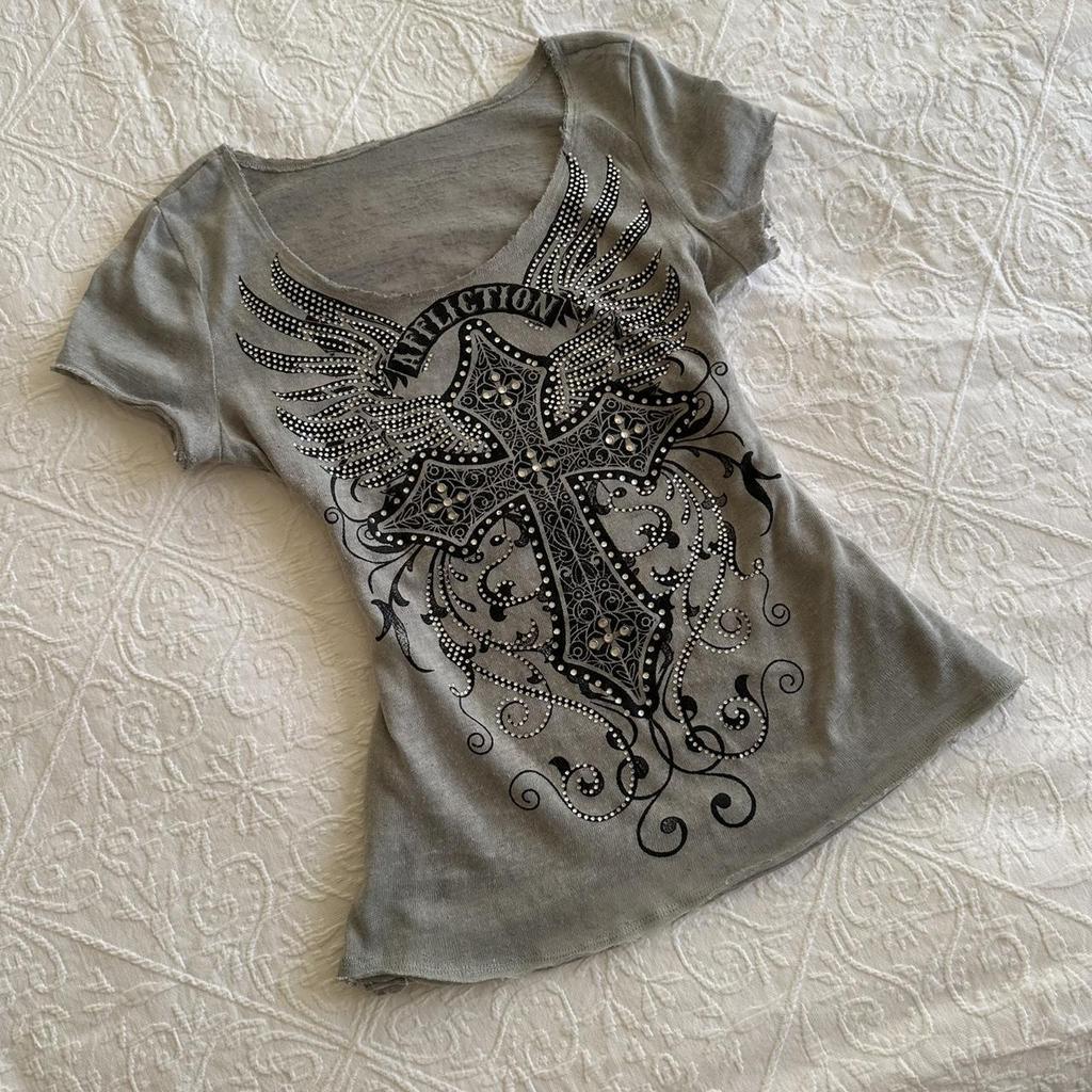 2026 Women's Grey Gothic Rhinestone Print Slim Fit Short Sleeve T-shirt