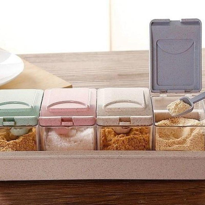 4 Fächer Weizenstroh Gewürzbox mit Löffel Abnehmbares Gewürzglas Küchengewürzbox Kunststoff Gewürzbox Flasche Dose Set