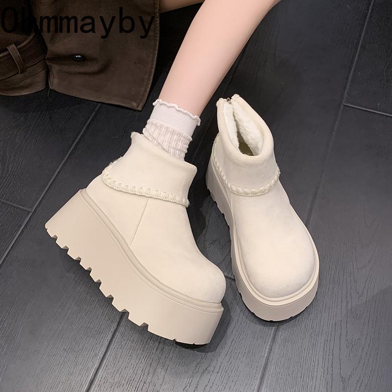 Vinter Chunky Platform Hæler Dame Snøstøvler Hold Varmen Høydeøkning Varm Bomull Korte Ankelstøvletter Sko Mujer