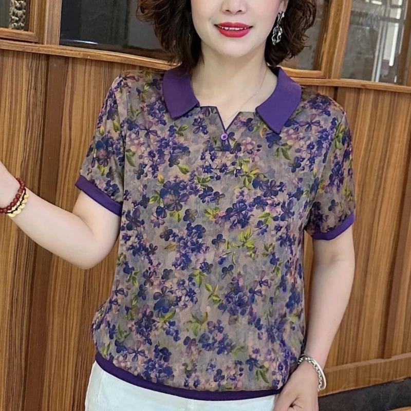 Summer New Fashionable Middle-aged and Elderly Printed Thin and Stylish Shirts Loose Women's Age-reducing Tops