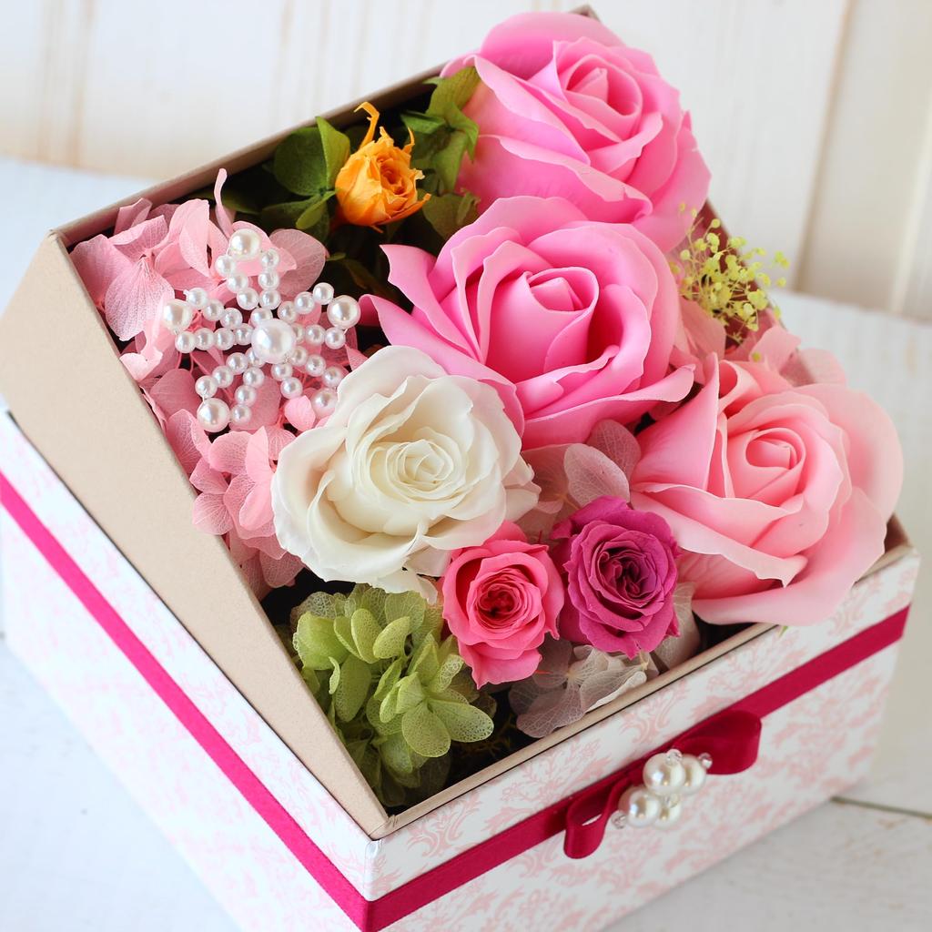 Azurosa Preserved Flower Box, Gift, Square, Never-Withering Flowers, Fragrance, Rose Pink Mix