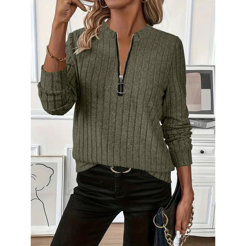 Høst og Vinter Dame Strikket Ribbestrikket Ensfarget Stoff Glidelås Langermet Dame T-skjorte