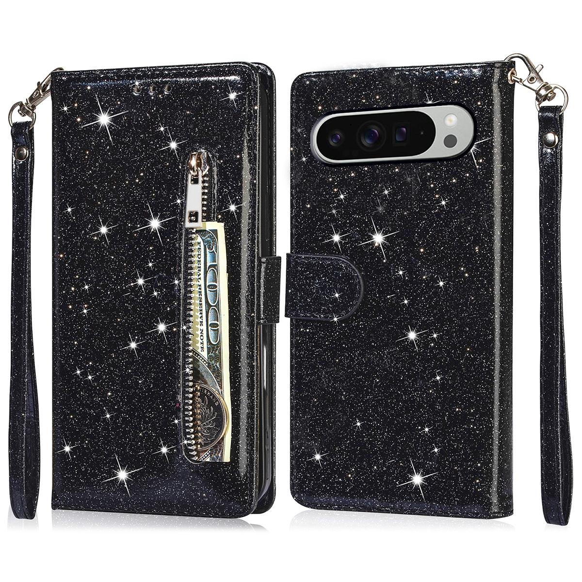 

For Google Pixel 9 Pro XL Stand Case Glitter Phone Leather Cover Zipper Pocket Black