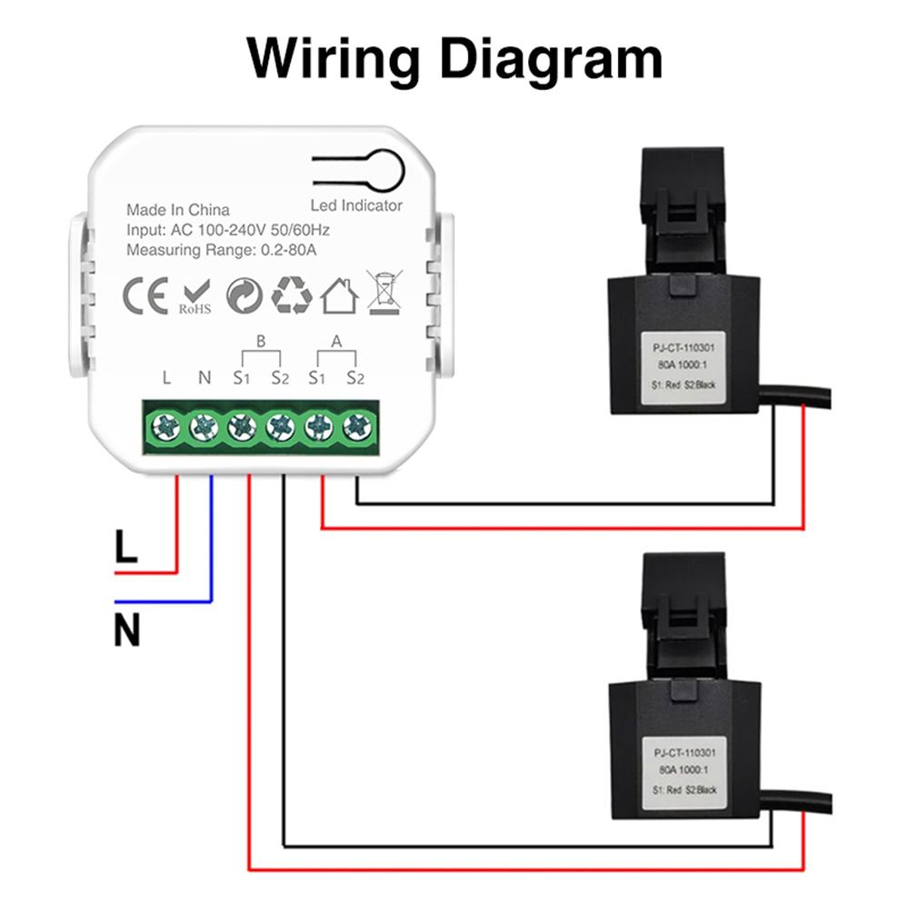 Smart Energy Meter TY Power Consumption Monitor with 2 80A CT Clamp Electricity Statistics Current