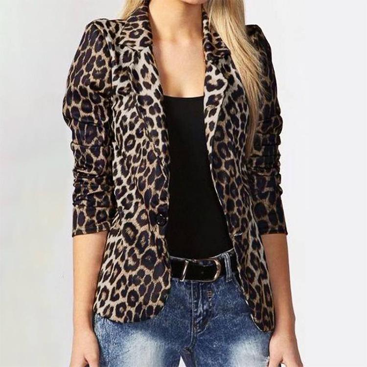 Womens Turn-Down-Collar Blazer Suits Full Sleeve Business Leopard Print Loose Button Coats Plus