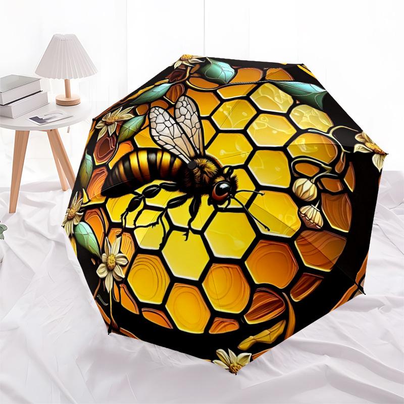 1pc Bee Honeycomb Automatic Folding Umbrella Compact Lightweight Travel Umbrella with 8-Rib Sturdy Frame, Windproof & Self031